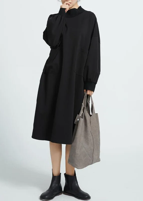 Unique Black Cotton Dresses O Neck Cotton Big Pockets Dresses