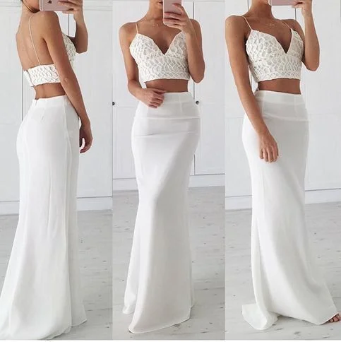 WHITE V NECK LONG PROM GOWN, WHITE FORMAL DRESS   cg10485