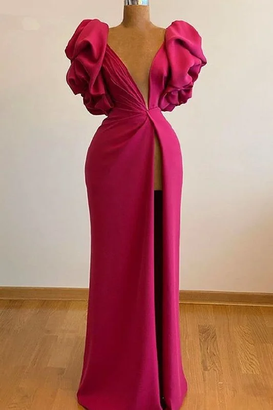 Sexy ruffle shoulder long slit gown evening dress c2569