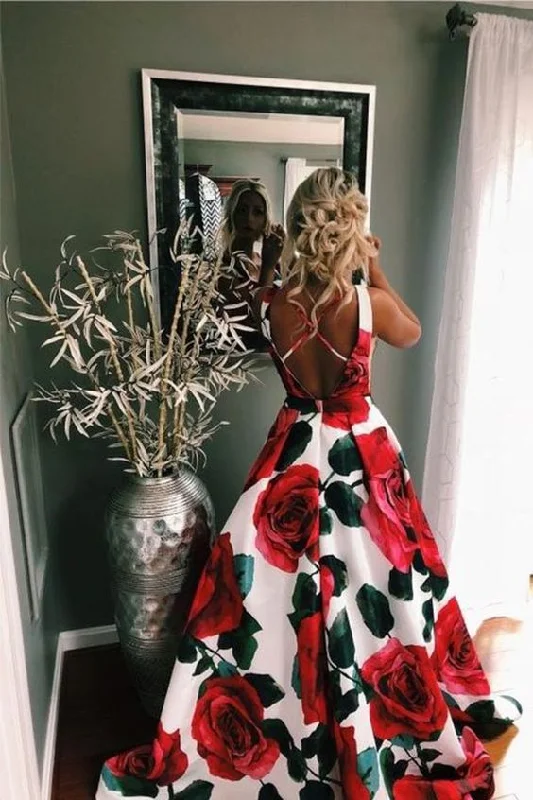 A-Line V-Neck Sweep Train Criss-Cross Straps Satin Floral Prom Dress with Pockets   cg10596