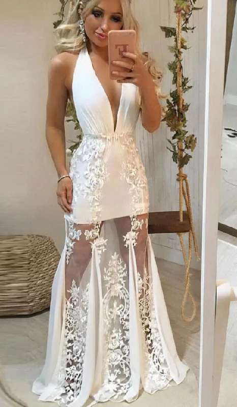 White v neck tulle lace long prom dress lace evening dress   cg10413
