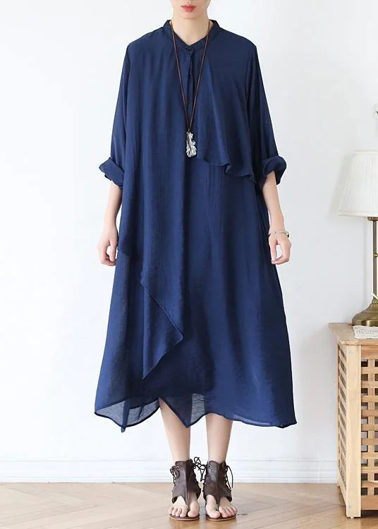 Classy o neck asymmetric fall for women long Sleeve blue long Dresses