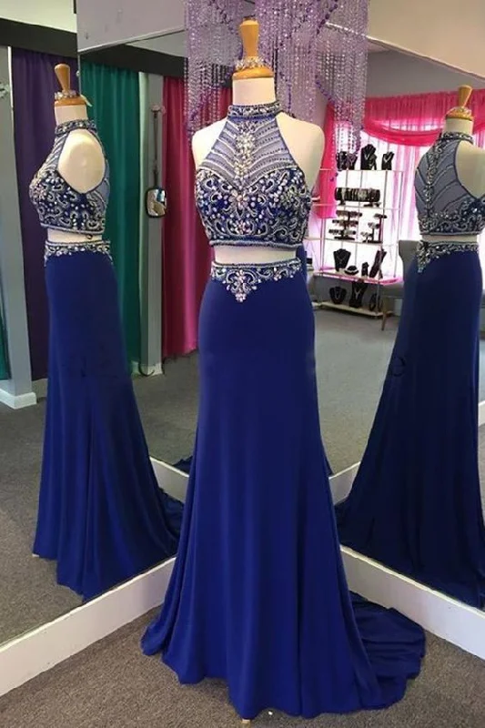 Navy Blue Chiffon Two Pieces Beading See-through Halter Train Long prom Dresses cg10670 Navy Blue Chiffon Two Pieces Beading See-through Halter Train Long prom Dresses cg10670