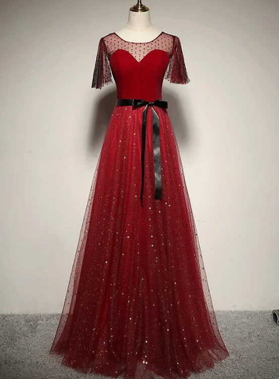 Red Tulle With Velvet Round Neckline Top Party prom Dress, A-Line Evening Dress cg11304 Red Tulle With Velvet Round Neckline Top Party prom Dress, A-Line Evening Dress cg11304