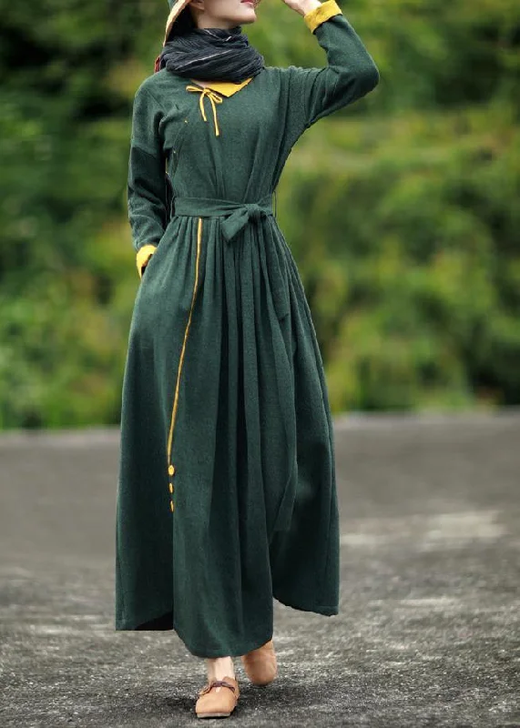 DIY blackish green quilting dresses v neck tie waist loose spring Dresses