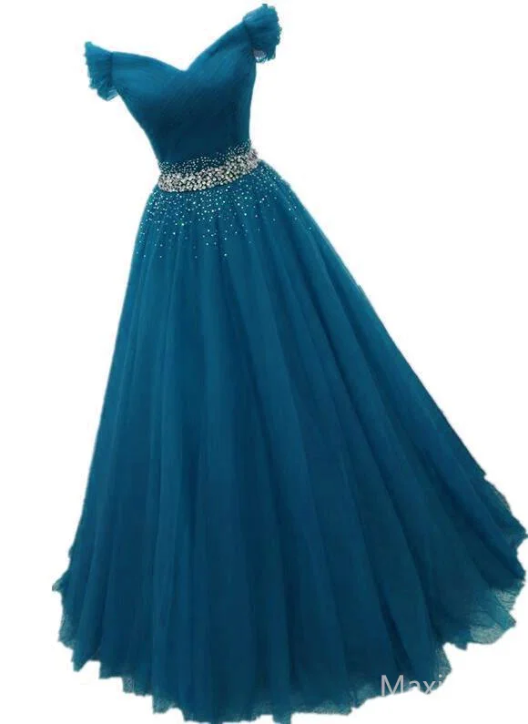 Charming Tulle Off Shoulder Beaded Waist Long Evening Dress, A-Line Prom Dress c3260