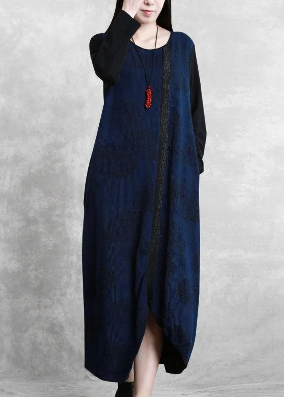 100% o neck patchwork fall Tunics Outfits navy A Line Dresses