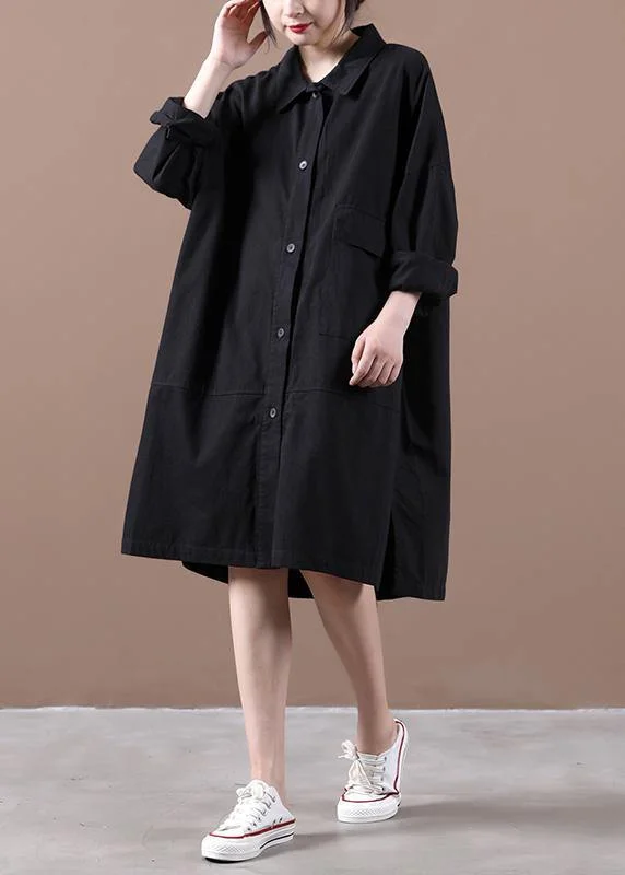 Style black dress lapel side open loose spring Dress