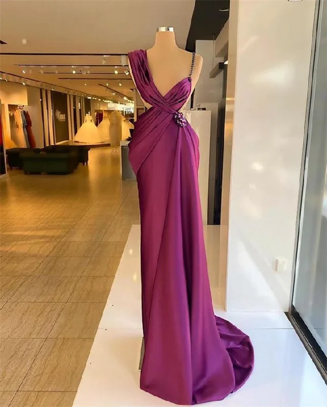 Purple Evening Dresses Beaded Crystals Ruched Pleats Satin Summer Spaghetti Strap Custom Made Prom Gown Formal Party Occasion Wear c3274 Purple Evening Dresses Beaded Crystals Ruched Pleats Satin Summer Spaghetti Strap Custom Made Prom Gown Formal Party Occasion Wear c3274