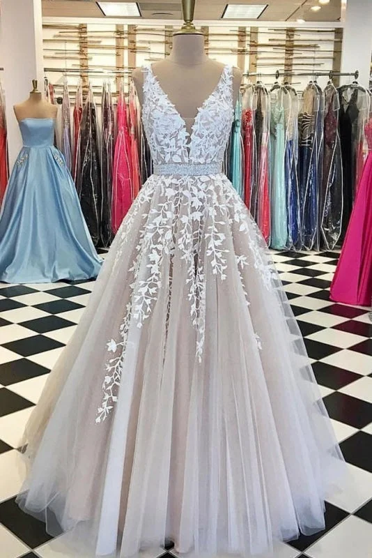 A Line Applique Tulle Prom Long V Neck Sleeveless Party Dress with Beading Tunics Occasion special A Line Applique Tulle Prom Long V Neck Sleeveless Party Dress with Beading Tunics Occasion special