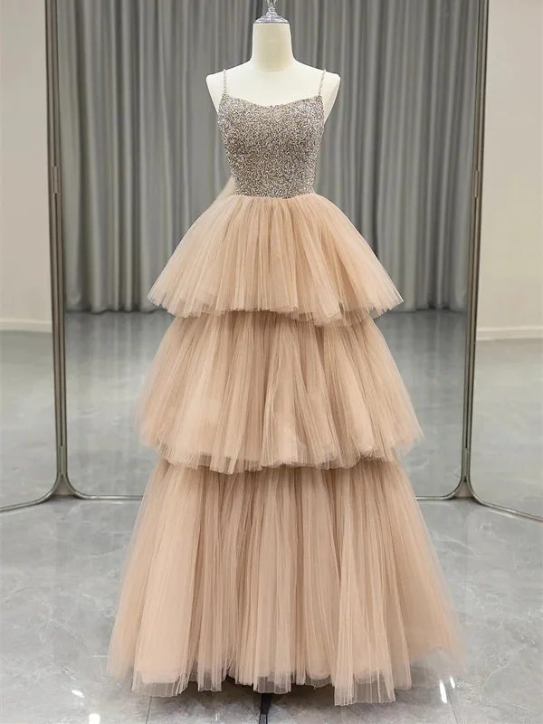 A Line Champagne Layers Tulle Long Prom Dresses, Beaded Spaghetti Strap Champagne Layers Tulle Long Evening Dresses Tunics Floral girly A Line Champagne Layers Tulle Long Prom Dresses, Beaded Spaghetti Strap Champagne Layers Tulle Long Evening Dresses Tunics Floral girly