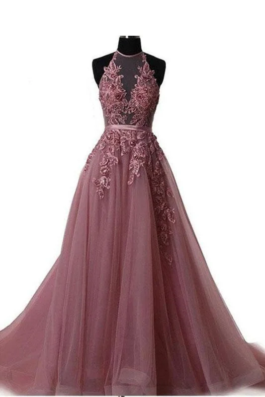 A Line Cheap Halter Tulle Prom Appliques Long Party Dress with Rhinestones Tunics Stylish elegant A Line Cheap Halter Tulle Prom Appliques Long Party Dress with Rhinestones Tunics Stylish elegant