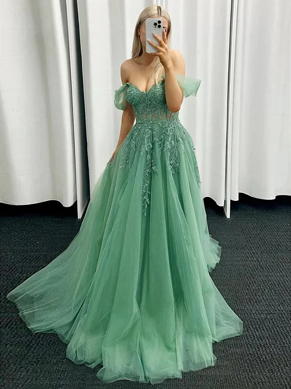 A Line Off The Shoulder Lace Tulle Green Long Prom Dresses, Green Lace Off Shoulder Formal Evening Dresses Tunics Handmade artisanal A Line Off The Shoulder Lace Tulle Green Long Prom Dresses, Green Lace Off Shoulder Formal Evening Dresses Tunics Handmade artisanal