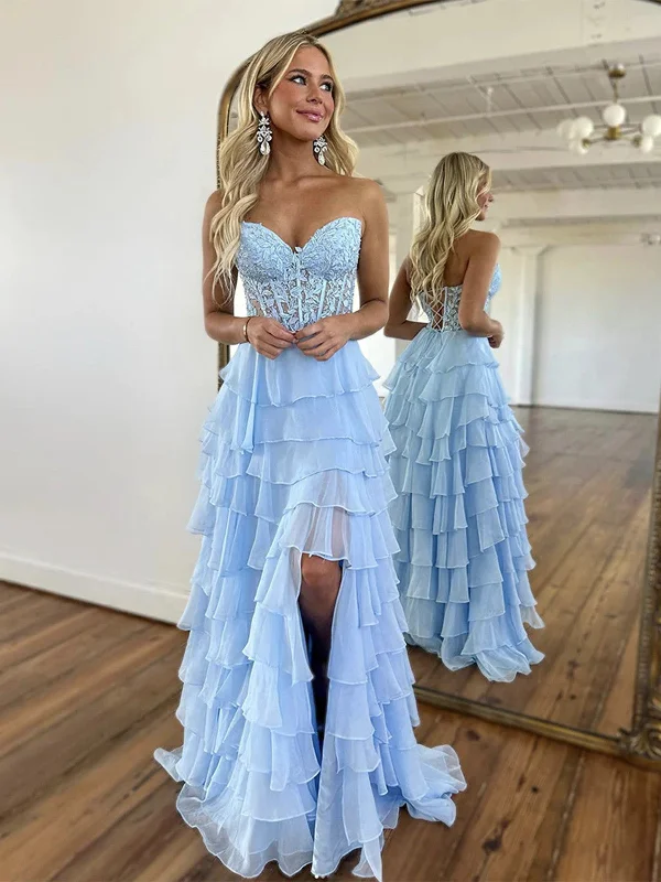 A Line Sweetheart Neck Blue Lace Chiffon Long Prom Dresses,  Lace Blue Formal Evening Dresses Tunics Lace romantic