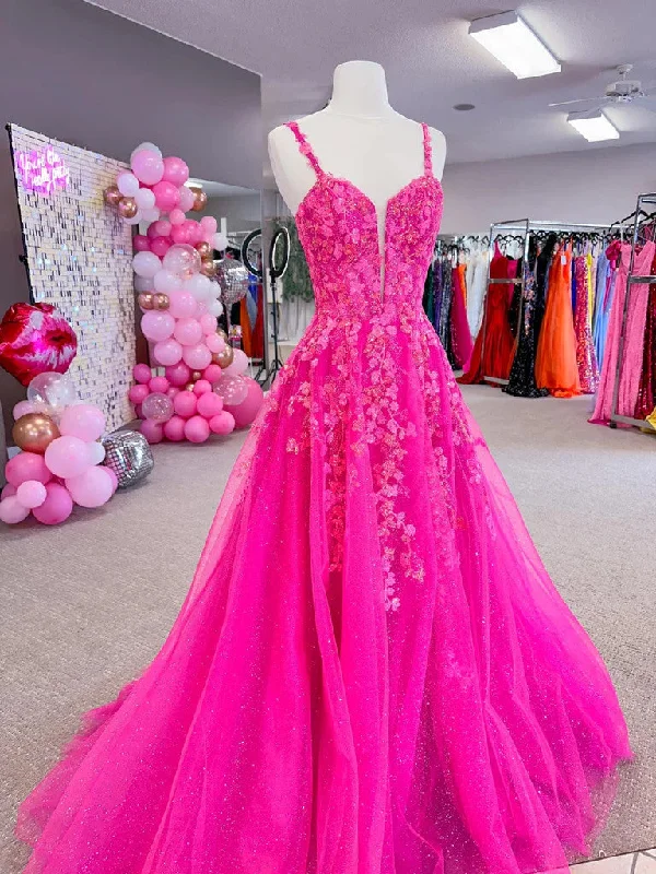 A Line V Neck Hot Pink Lace Tulle Long Prom Dresses, Long Hot Pink Tulle Lace Formal Evening Dresses Tunics Distressed trendy A Line V Neck Hot Pink Lace Tulle Long Prom Dresses, Long Hot Pink Tulle Lace Formal Evening Dresses Tunics Distressed trendy