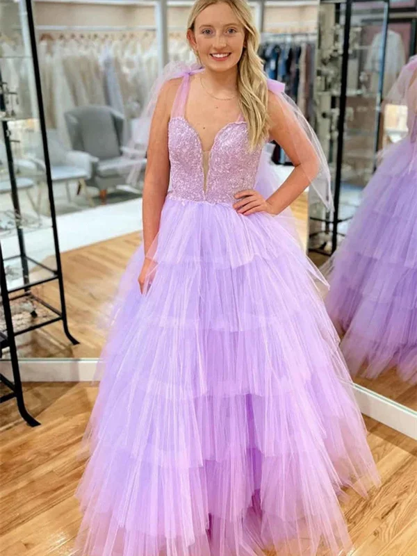A Line V Neck Layered Lavender Lace Long Prom Dresses, Lilac Lace Tulle Layered Long Formal Evening Dresses Square Neckline Feminine A Line V Neck Layered Lavender Lace Long Prom Dresses, Lilac Lace Tulle Layered Long Formal Evening Dresses Square Neckline Feminine
