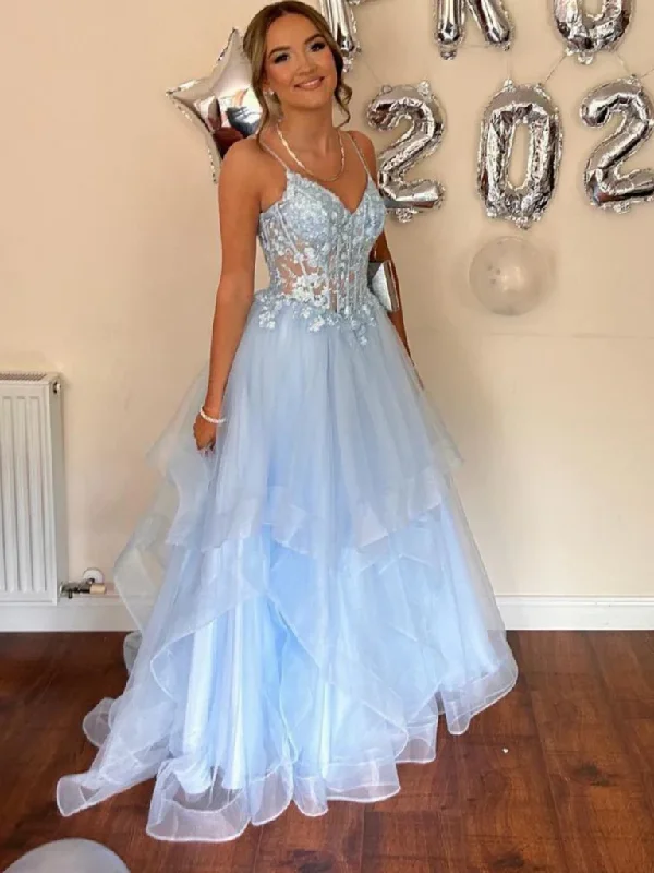 A Line V Neck Light Blue Lace Long Prom Dresses, Light Blue Lace Long Tulle Formal Evening Dresses Tunics Sophisticated sleek A Line V Neck Light Blue Lace Long Prom Dresses, Light Blue Lace Long Tulle Formal Evening Dresses Tunics Sophisticated sleek