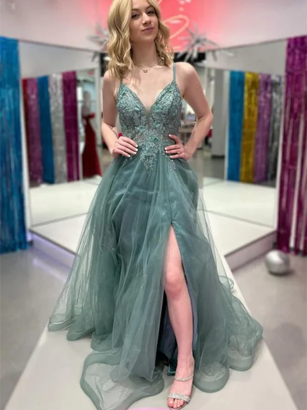 A Line V Neck Sage Lace Long Prom Dresses with High Slit, V Neck Sage Lace Long Formal Evening Dresses Tunics Timeless classic A Line V Neck Sage Lace Long Prom Dresses with High Slit, V Neck Sage Lace Long Formal Evening Dresses Tunics Timeless classic