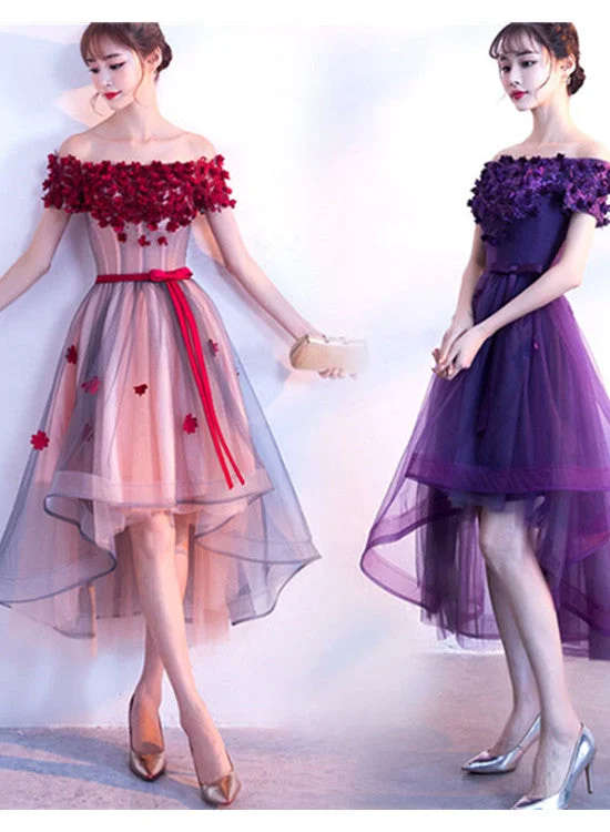 Adorable High Low Tulle Off Shoulder Flowers Party Dress, Cute Homecoming Dress Tunics Fashionable trendy Adorable High Low Tulle Off Shoulder Flowers Party Dress, Cute Homecoming Dress Tunics Fashionable trendy