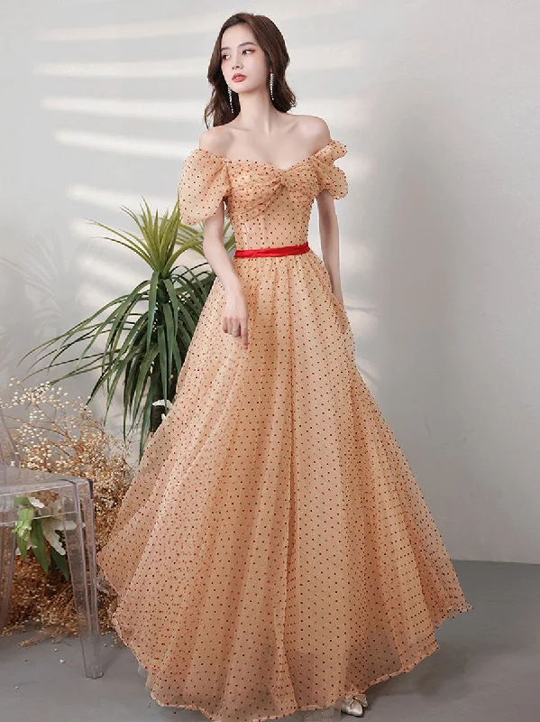 Aline Sweetheart Neck Tulle Long Champagne Prom Dress, Champagne Evening Dresses Tunics Polka dots