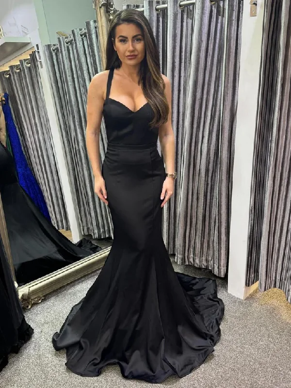 Backless Black Mermaid Satin Long Prom Dresses with Train, Mermaid Black Open Back Satin Long Formal Evening Dresses Tunics Designer luxury Backless Black Mermaid Satin Long Prom Dresses with Train, Mermaid Black Open Back Satin Long Formal Evening Dresses Tunics Designer luxury