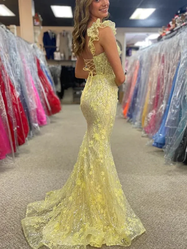 Backless Mermaid Yellow Lace Floral Long Prom Dresses with Train, Open Back Yellow Mermaid Lace Floral Long Formal Evening Dresses Tunics Spring floral Backless Mermaid Yellow Lace Floral Long Prom Dresses with Train, Open Back Yellow Mermaid Lace Floral Long Formal Evening Dresses Tunics Spring floral