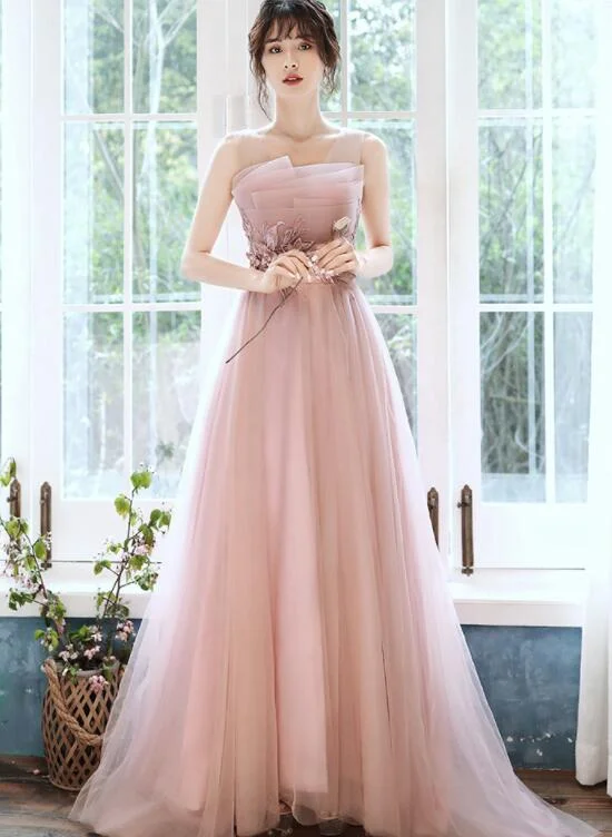 Beautiful Pink Tulle Straps Party Dress with Flower Lace Applique, Pink Evening Dress Tunics Bestseller popular Beautiful Pink Tulle Straps Party Dress with Flower Lace Applique, Pink Evening Dress Tunics Bestseller popular