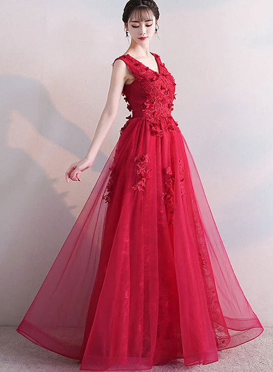 Beautiful Red V-neckline Tulle Long Party Dress with Lace, Red Prom Dress Tunics Solid Classic Beautiful Red V-neckline Tulle Long Party Dress with Lace, Red Prom Dress Tunics Solid Classic