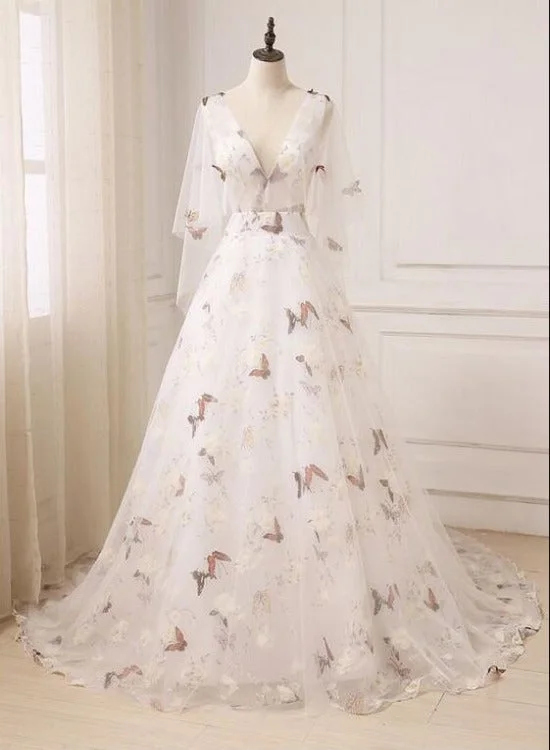 Beautiful V-neckline Long Tulle Prom Dress, A-line Floral Party Dress Tunics Sophisticated sleek Beautiful V-neckline Long Tulle Prom Dress, A-line Floral Party Dress Tunics Sophisticated sleek