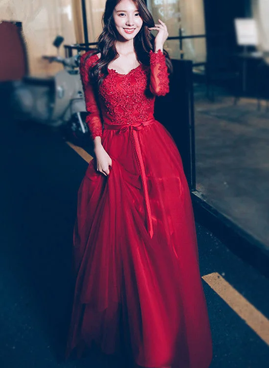 Beautiful Wine Red Long Sleeves Tulle Party Dress, Red Long Formal Gown Tunics Prom sequined Beautiful Wine Red Long Sleeves Tulle Party Dress, Red Long Formal Gown Tunics Prom sequined