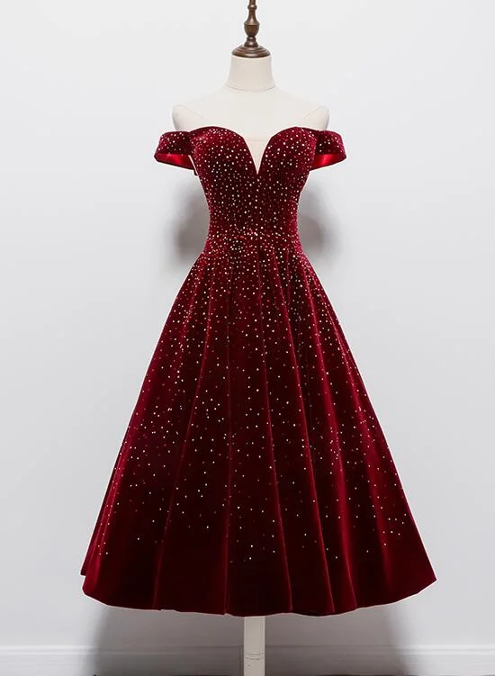 Beautiful Wine Red Tea Length Sweetheart Party Dress, Velvet Bridesmaid Dress Prom Dress High-Low Hemline Casual Beautiful Wine Red Tea Length Sweetheart Party Dress, Velvet Bridesmaid Dress Prom Dress High-Low Hemline Casual
