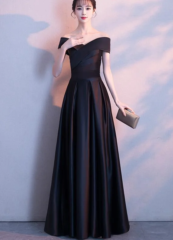 Black Satin Sweetheart Off Shoulder Long Prom Dress, Black Party Dress Tunics Chic elegant