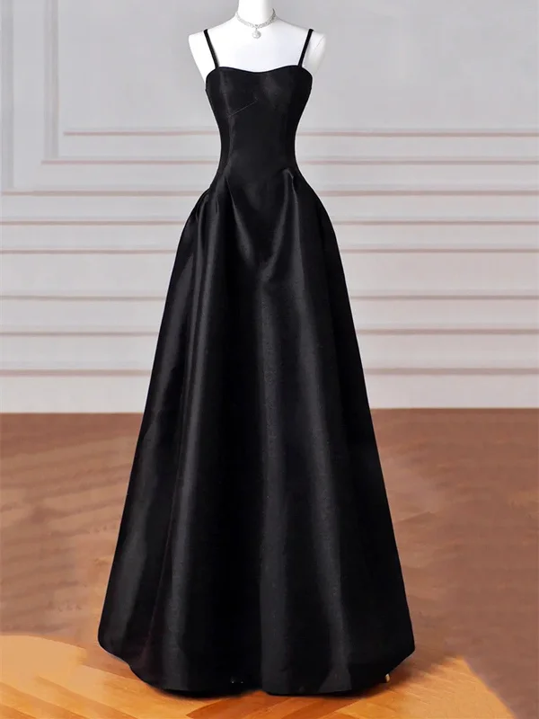 Black Spaghetti Strap Satin Long Prom Dresses, A Line Black Formal Evening Dresses Turtleneck Warm Winter