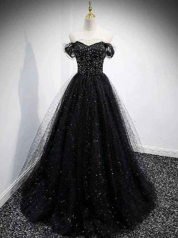 Black Sweetheart Off Shoulder Tulle Long Prom Dress, Black Evening Dress Turtleneck Neckline Stylish Black Sweetheart Off Shoulder Tulle Long Prom Dress, Black Evening Dress Turtleneck Neckline Stylish