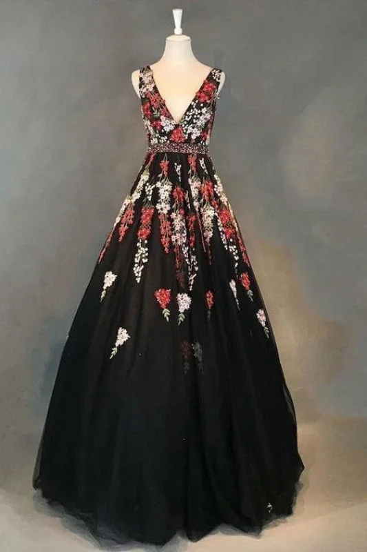Black V Neck Long Prom A Line Tulle Sleeveless Appliqued Evening Dress Tunics Winter warm Black V Neck Long Prom A Line Tulle Sleeveless Appliqued Evening Dress Tunics Winter warm