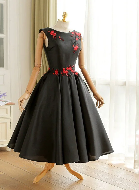 Black Vintage Style Tea Length Wedding Party Dress, Black Prom Dress Short Formal Dress Square Neckline Feminine Black Vintage Style Tea Length Wedding Party Dress, Black Prom Dress Short Formal Dress Square Neckline Feminine
