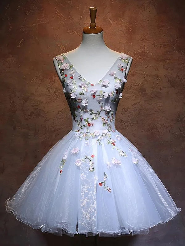 Blue Organza V-neckline Flowers Party Dress, Blue Short Prom Dress Homecoming Dress Tunics Mesh breathable Blue Organza V-neckline Flowers Party Dress, Blue Short Prom Dress Homecoming Dress Tunics Mesh breathable