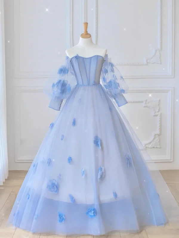 Blue Sweetheart Tulle 3D Flower Long Prom Dress, Blue Evening Dress Off-the-shoulder Bohemian Festive Blue Sweetheart Tulle 3D Flower Long Prom Dress, Blue Evening Dress Off-the-shoulder Bohemian Festive