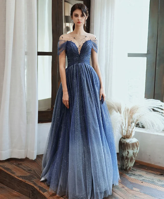 Blue Tulle Off Shoulder Sequin Long Prom Dress Blue Evening Dress Tunics Practical easy-care Blue Tulle Off Shoulder Sequin Long Prom Dress Blue Evening Dress Tunics Practical easy-care