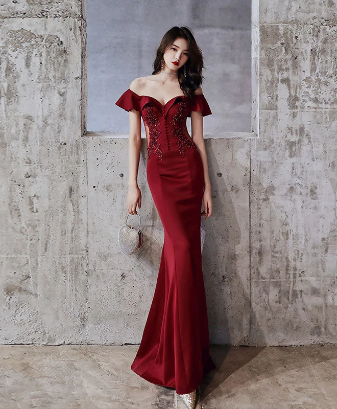 Burgundy Off Shoulder Mermaid Long Prom Dress Burgundy Evening Dress Crew Neckline Sporty Burgundy Off Shoulder Mermaid Long Prom Dress Burgundy Evening Dress Crew Neckline Sporty