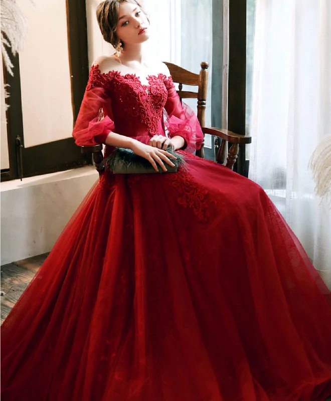 Burgundy Round Neck Tulle Beads Long Prom Dress Burgundy Evening Dress Off-the-shoulder Bohemian Festive Burgundy Round Neck Tulle Beads Long Prom Dress Burgundy Evening Dress Off-the-shoulder Bohemian Festive