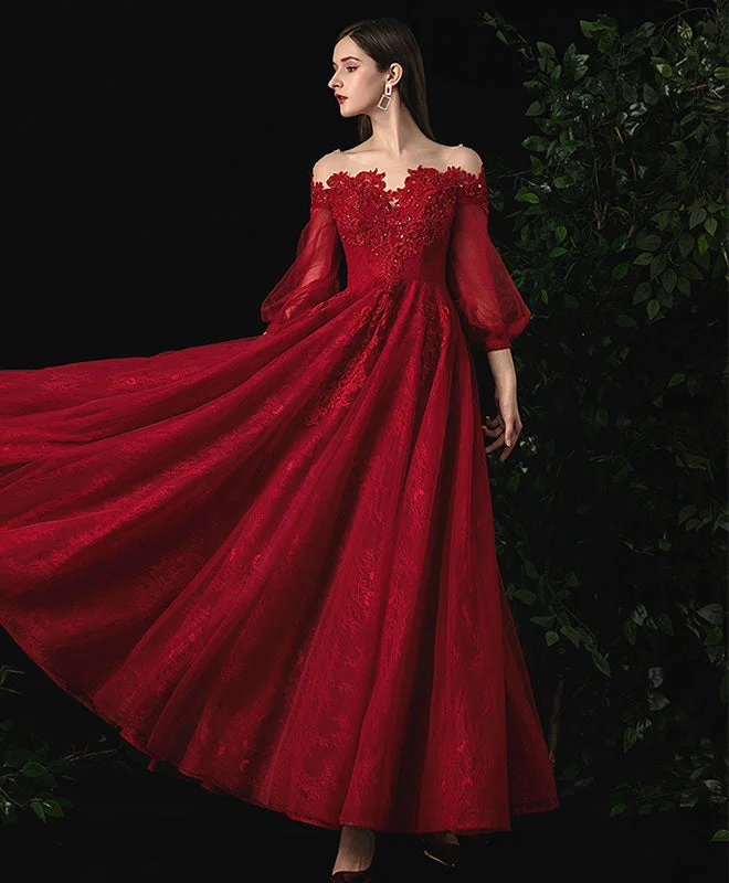 Burgundy Round Neck Tulle Lace Prom Dress, Burgundy Evening Dress Sequined Elegant Party Burgundy Round Neck Tulle Lace Prom Dress, Burgundy Evening Dress Sequined Elegant Party