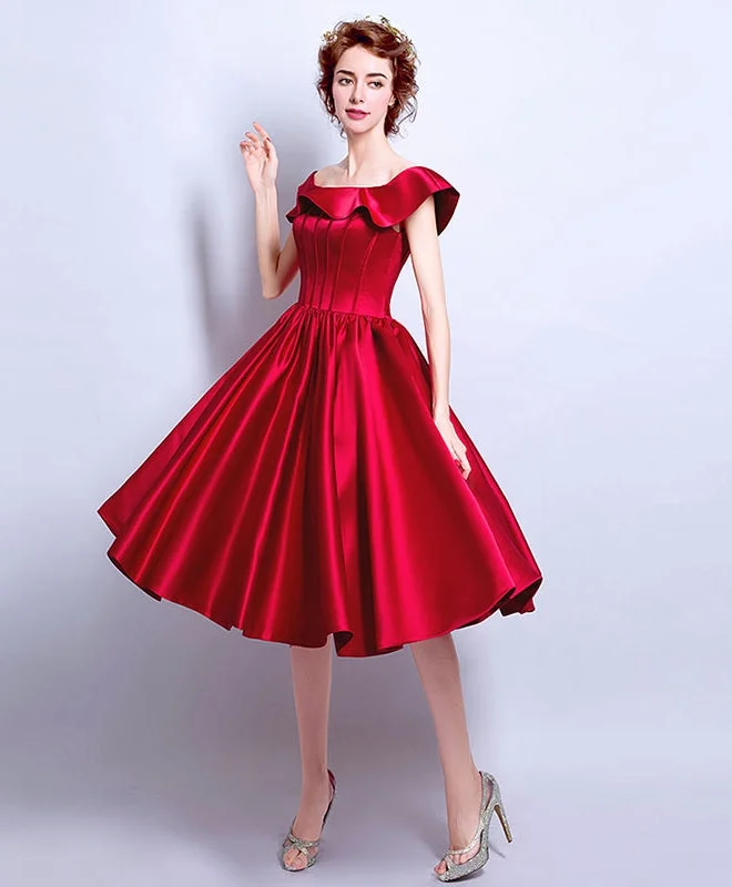 Burgundy Satin Short Prom Dress, Burgundy Evening Dress Tunics Fleece cozy