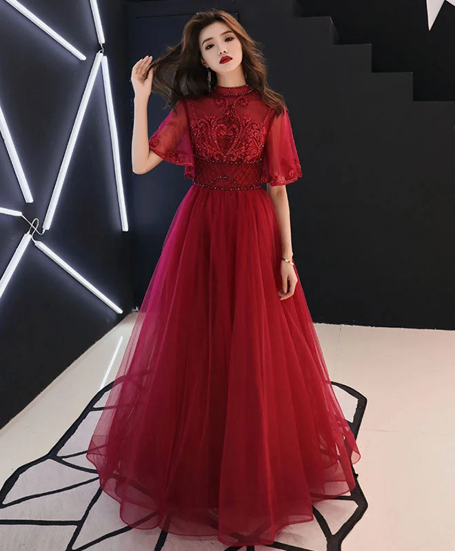 Burgundy Tulle Lace Long Prom Dress, Burgundy Evening Dress Tunics Denim casual