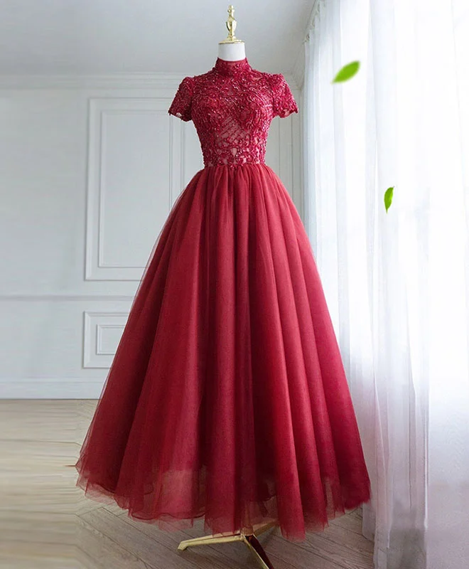 Burgundy Tulle Lace Long Prom Dress, Tulle Lace Evening Dress Tunics Evening elegant Burgundy Tulle Lace Long Prom Dress, Tulle Lace Evening Dress Tunics Evening elegant