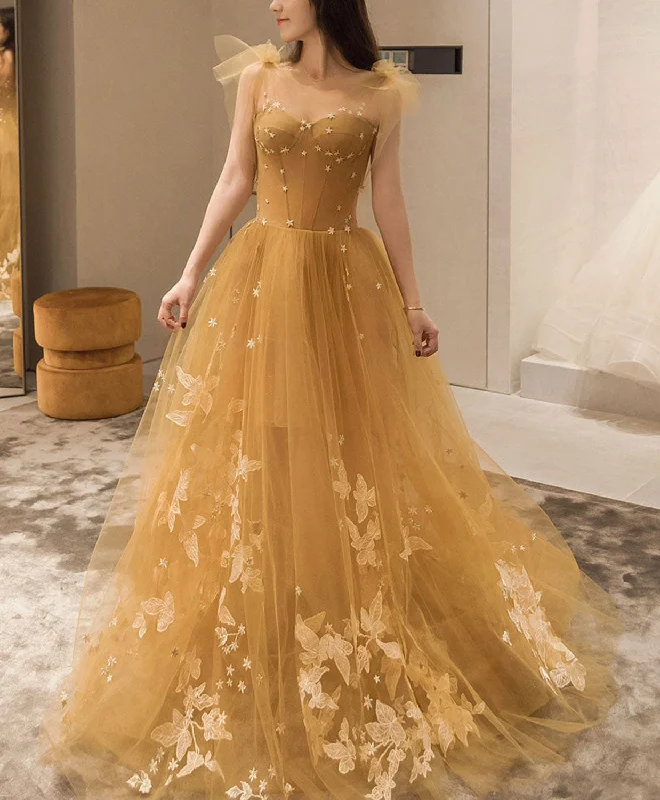 Champagne Tulle Lace Long Prom Dress, Tulle Lace Evening Dress Tunics Leisure comfortable Champagne Tulle Lace Long Prom Dress, Tulle Lace Evening Dress Tunics Leisure comfortable