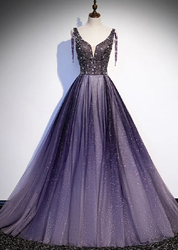 Charming Purple Gradient Tulle V-neckline Long Party Dress, A-line Prom Dress Chiffon Maxi Beach Charming Purple Gradient Tulle V-neckline Long Party Dress, A-line Prom Dress Chiffon Maxi Beach