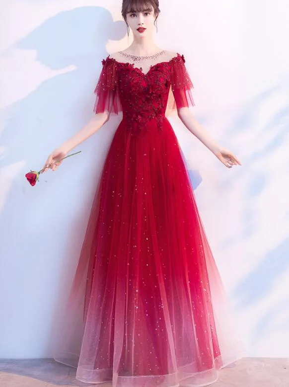Charming Red Tulle Off Shoudler Gradient Party Dress, A-line Prom Dress Cowl Neckline Elegant Charming Red Tulle Off Shoudler Gradient Party Dress, A-line Prom Dress Cowl Neckline Elegant