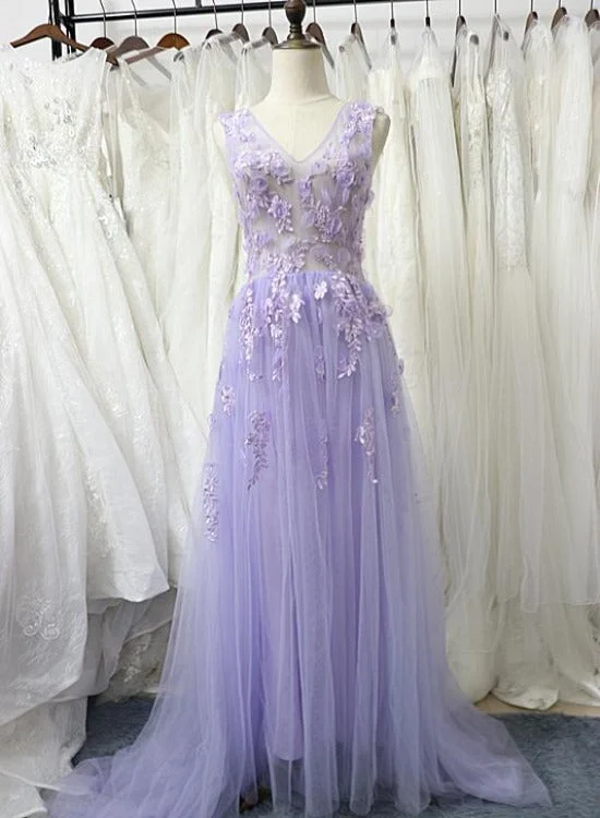 Charming Tulle Floral Light Purple Long Party Dress, A-line Prom Dress Tunics Cozy soft Charming Tulle Floral Light Purple Long Party Dress, A-line Prom Dress Tunics Cozy soft