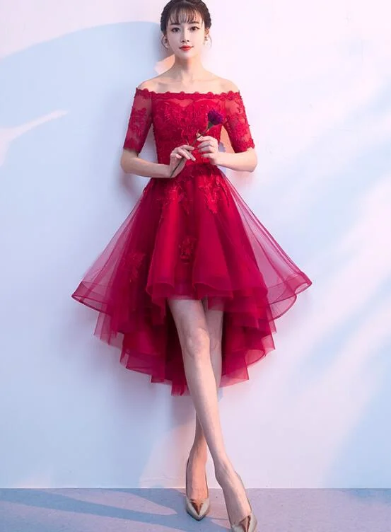 Chic Wine Red Round Party Dress , High Low Tulle Prom Dress Tunics Fleece cozy